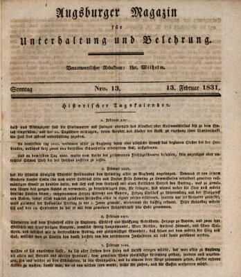 Augsburger Magazin für Unterhaltung und Belehrung (Neue Augsburger Zeitung) Sonntag 13. Februar 1831