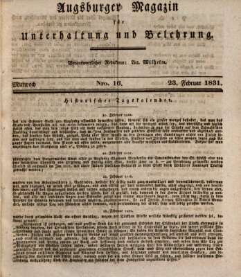 Augsburger Magazin für Unterhaltung und Belehrung (Neue Augsburger Zeitung) Mittwoch 23. Februar 1831