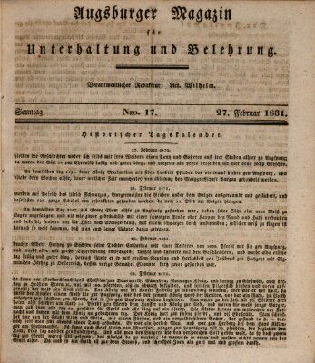 Augsburger Magazin für Unterhaltung und Belehrung (Neue Augsburger Zeitung) Sonntag 27. Februar 1831