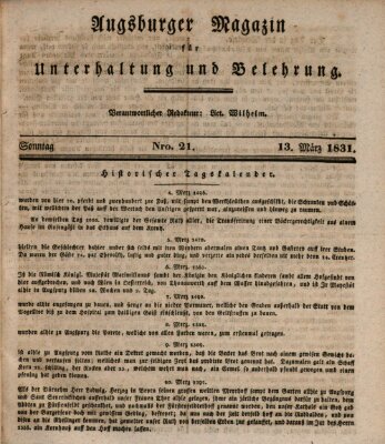 Augsburger Magazin für Unterhaltung und Belehrung (Neue Augsburger Zeitung) Sonntag 13. März 1831