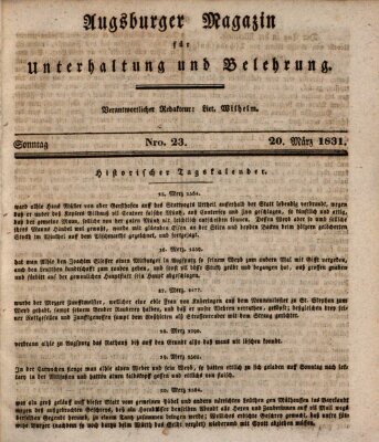 Augsburger Magazin für Unterhaltung und Belehrung (Neue Augsburger Zeitung) Sonntag 20. März 1831