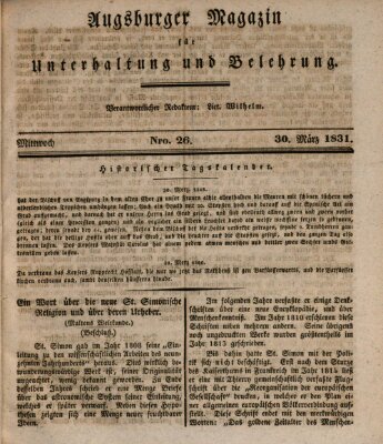 Augsburger Magazin für Unterhaltung und Belehrung (Neue Augsburger Zeitung) Mittwoch 30. März 1831