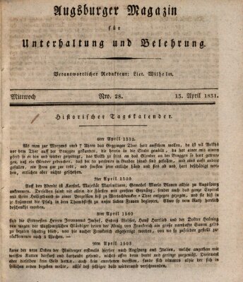 Augsburger Magazin für Unterhaltung und Belehrung (Neue Augsburger Zeitung) Mittwoch 13. April 1831