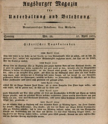 Augsburger Magazin für Unterhaltung und Belehrung (Neue Augsburger Zeitung) Sonntag 17. April 1831