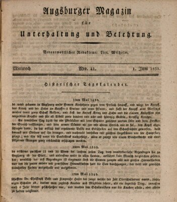 Augsburger Magazin für Unterhaltung und Belehrung (Neue Augsburger Zeitung) Mittwoch 1. Juni 1831