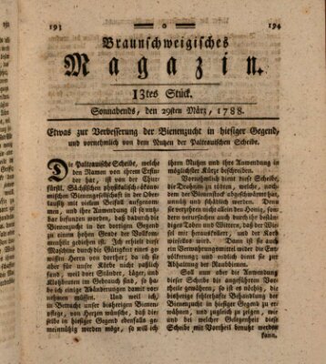 Braunschweigisches Magazin (Braunschweigische Anzeigen) Samstag 29. März 1788