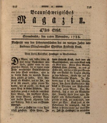 Braunschweigisches Magazin (Braunschweigische Anzeigen) Samstag 22. November 1788