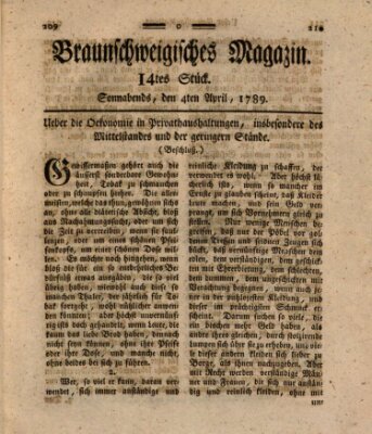 Braunschweigisches Magazin (Braunschweigische Anzeigen) Samstag 4. April 1789