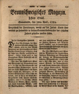 Braunschweigisches Magazin (Braunschweigische Anzeigen) Samstag 18. April 1789