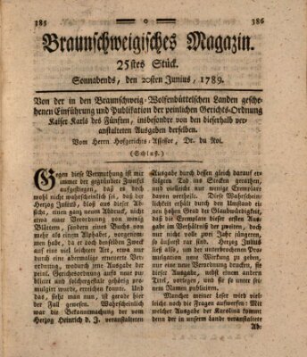 Braunschweigisches Magazin (Braunschweigische Anzeigen) Samstag 20. Juni 1789