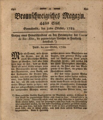 Braunschweigisches Magazin (Braunschweigische Anzeigen) Samstag 31. Oktober 1789