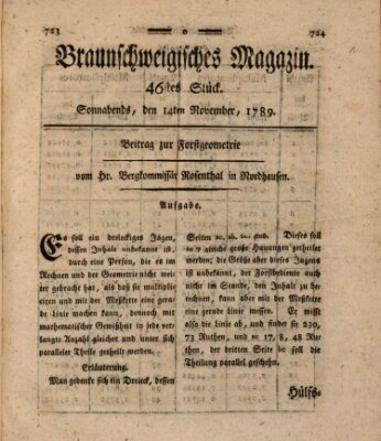 Braunschweigisches Magazin (Braunschweigische Anzeigen) Samstag 14. November 1789