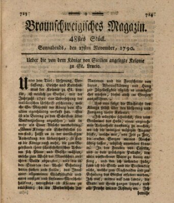 Braunschweigisches Magazin (Braunschweigische Anzeigen) Samstag 27. November 1790