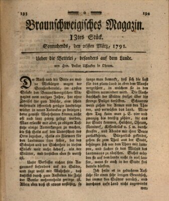 Braunschweigisches Magazin (Braunschweigische Anzeigen) Samstag 26. März 1791