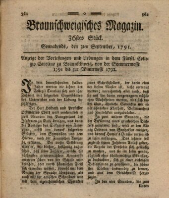 Braunschweigisches Magazin (Braunschweigische Anzeigen) Samstag 3. September 1791