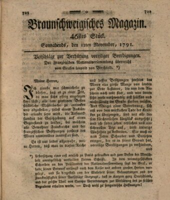 Braunschweigisches Magazin (Braunschweigische Anzeigen) Samstag 12. November 1791