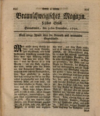 Braunschweigisches Magazin (Braunschweigische Anzeigen) Samstag 31. Dezember 1791