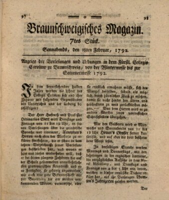 Braunschweigisches Magazin (Braunschweigische Anzeigen) Samstag 18. Februar 1792