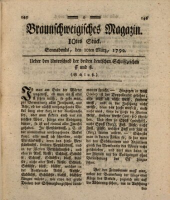 Braunschweigisches Magazin (Braunschweigische Anzeigen) Samstag 10. März 1792