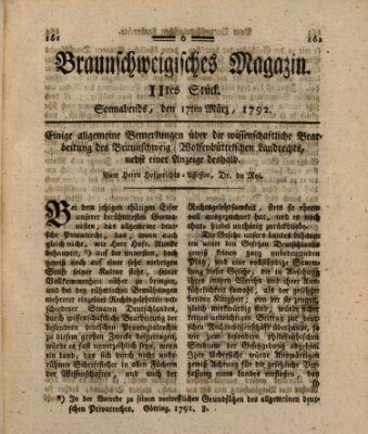 Braunschweigisches Magazin (Braunschweigische Anzeigen) Samstag 17. März 1792