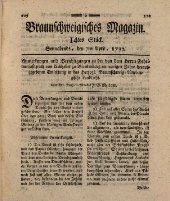 Braunschweigisches Magazin (Braunschweigische Anzeigen) Samstag 7. April 1792