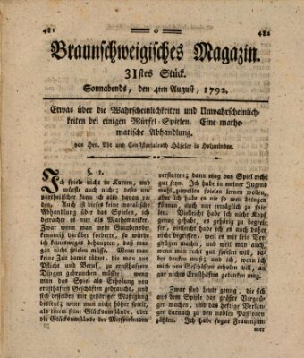 Braunschweigisches Magazin (Braunschweigische Anzeigen) Samstag 4. August 1792