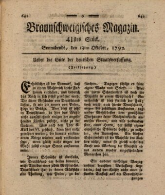 Braunschweigisches Magazin (Braunschweigische Anzeigen) Samstag 13. Oktober 1792