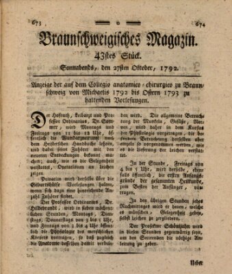 Braunschweigisches Magazin (Braunschweigische Anzeigen) Samstag 27. Oktober 1792