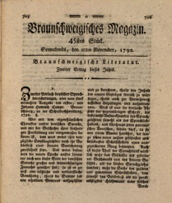 Braunschweigisches Magazin (Braunschweigische Anzeigen) Samstag 10. November 1792