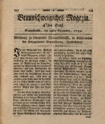 Braunschweigisches Magazin (Braunschweigische Anzeigen) Samstag 24. November 1792