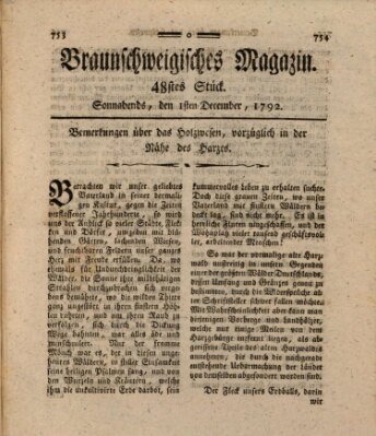 Braunschweigisches Magazin (Braunschweigische Anzeigen) Samstag 1. Dezember 1792