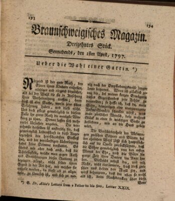 Braunschweigisches Magazin (Braunschweigische Anzeigen) Samstag 1. April 1797