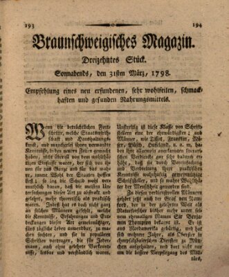 Braunschweigisches Magazin (Braunschweigische Anzeigen) Samstag 31. März 1798