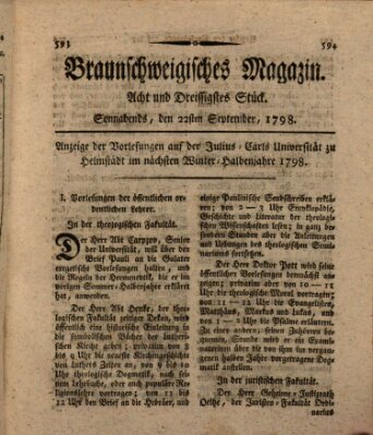 Braunschweigisches Magazin (Braunschweigische Anzeigen) Samstag 22. September 1798