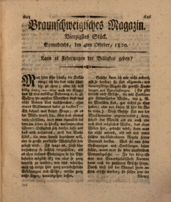 Braunschweigisches Magazin (Braunschweigische Anzeigen) Samstag 4. Oktober 1800