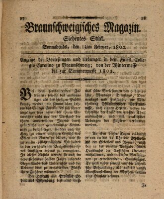 Braunschweigisches Magazin (Braunschweigische Anzeigen) Samstag 13. Februar 1802