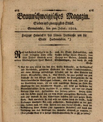 Braunschweigisches Magazin (Braunschweigische Anzeigen) Samstag 3. Juli 1802