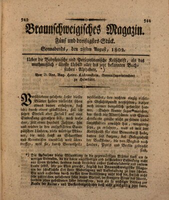 Braunschweigisches Magazin (Braunschweigische Anzeigen) Samstag 28. August 1802