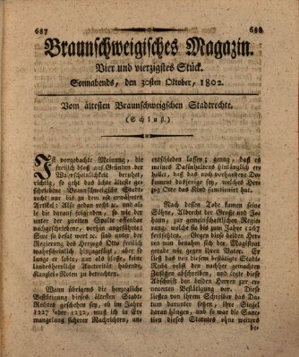 Braunschweigisches Magazin (Braunschweigische Anzeigen) Samstag 30. Oktober 1802