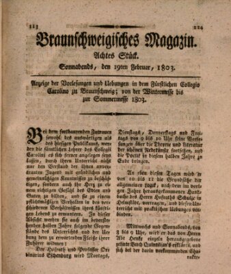 Braunschweigisches Magazin (Braunschweigische Anzeigen) Samstag 19. Februar 1803