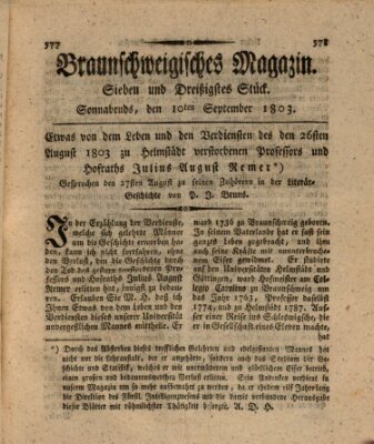 Braunschweigisches Magazin (Braunschweigische Anzeigen) Samstag 10. September 1803