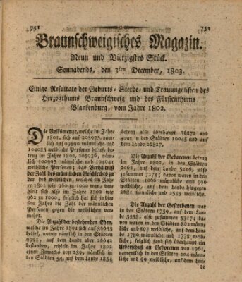 Braunschweigisches Magazin (Braunschweigische Anzeigen) Samstag 3. Dezember 1803