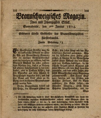 Braunschweigisches Magazin (Braunschweigische Anzeigen) Samstag 2. Juni 1804