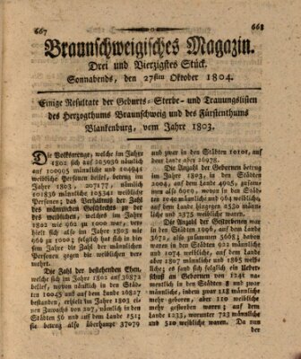 Braunschweigisches Magazin (Braunschweigische Anzeigen) Samstag 27. Oktober 1804