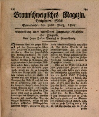 Braunschweigisches Magazin (Braunschweigische Anzeigen) Samstag 30. März 1805