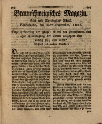 Braunschweigisches Magazin (Braunschweigische Anzeigen) Samstag 20. September 1806