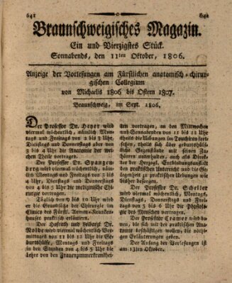 Braunschweigisches Magazin (Braunschweigische Anzeigen) Samstag 11. Oktober 1806