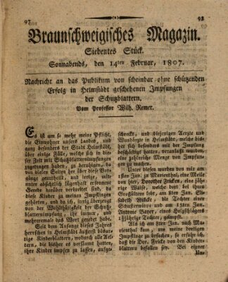 Braunschweigisches Magazin (Braunschweigische Anzeigen) Samstag 14. Februar 1807