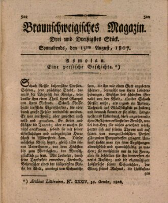 Braunschweigisches Magazin (Braunschweigische Anzeigen) Samstag 15. August 1807