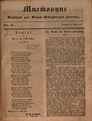 Mnemosyne (Neue Würzburger Zeitung) Dienstag 21. März 1843